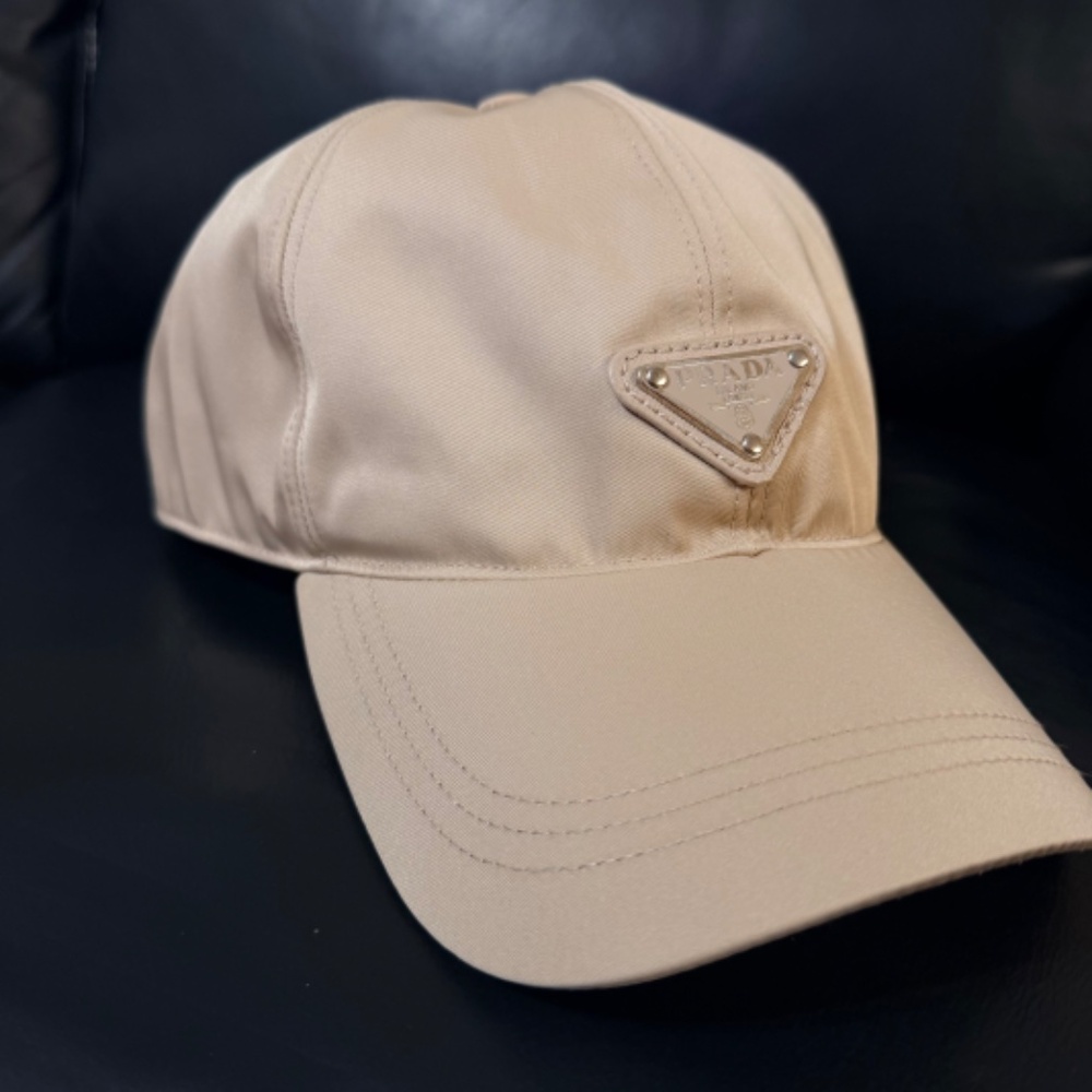 Prada Beige Logo Triangle Baseball Cap